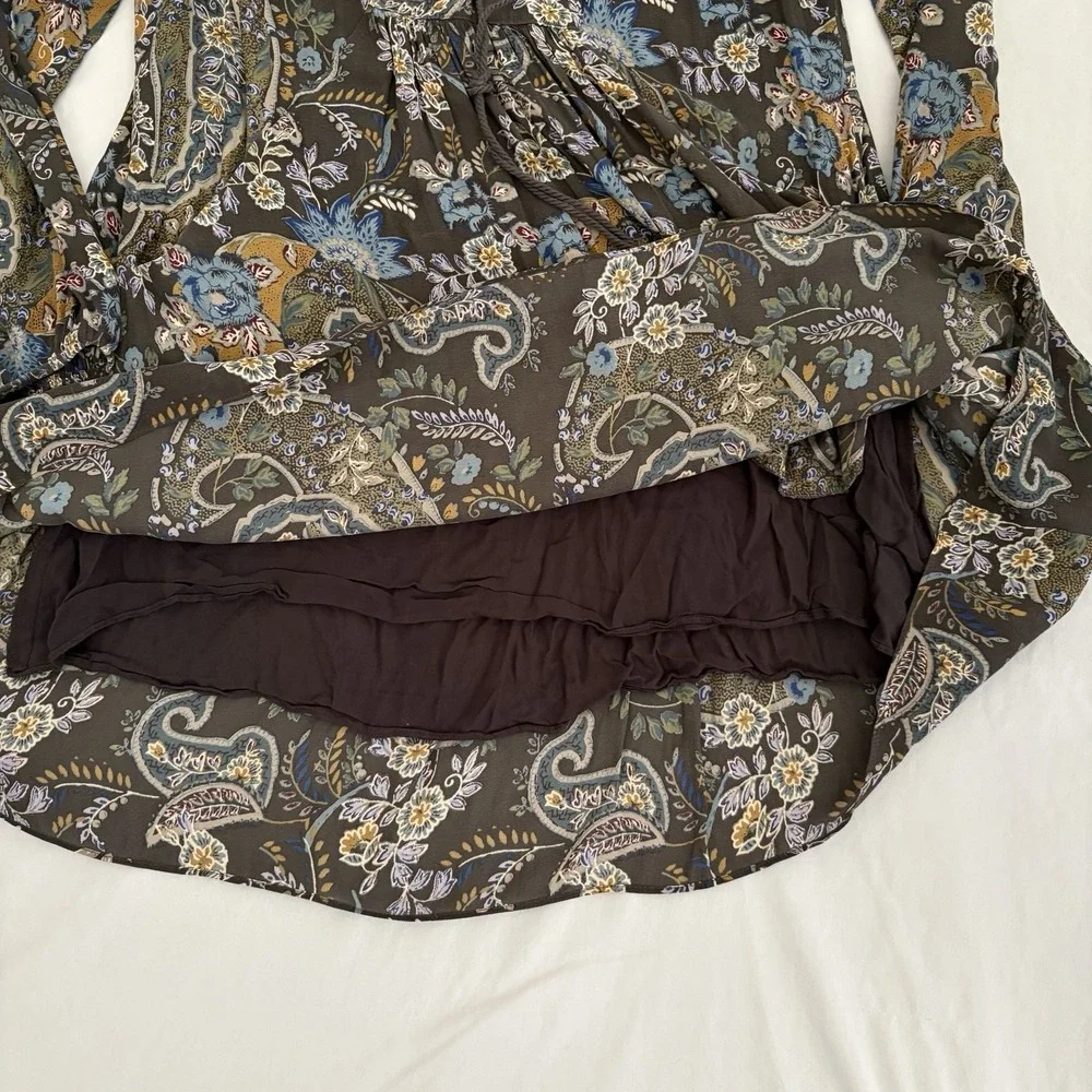 Free People Rain or Shine Tie Up‎ Tunic Dress Womens Gray Paisley Floral Medium